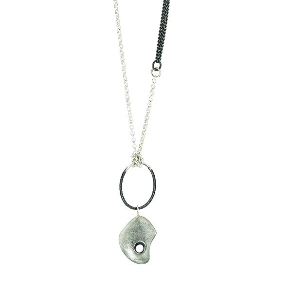 Long silver belcher chain with oxidised curb chain and contemporary pendant